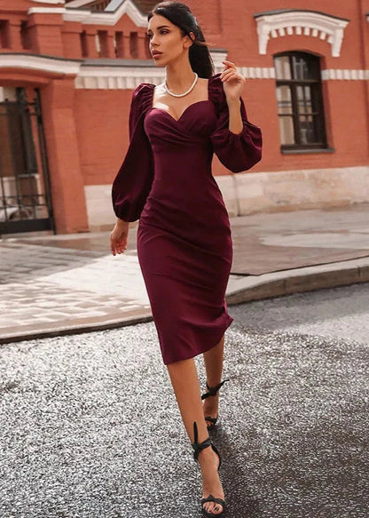Puff Sleeve Midi Dress - Waist-cinching Silhouette