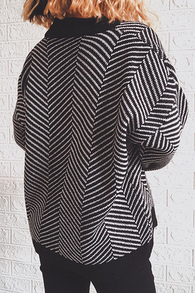 Striped Split Joint Buckle V Neck Outerwear Sweater