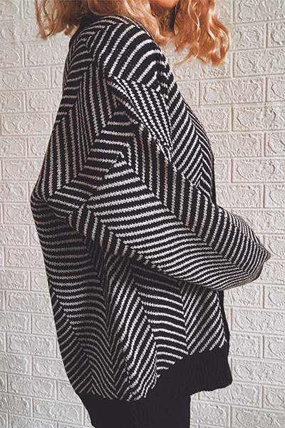 Striped Split Joint Buckle V Neck Outerwear Sweater