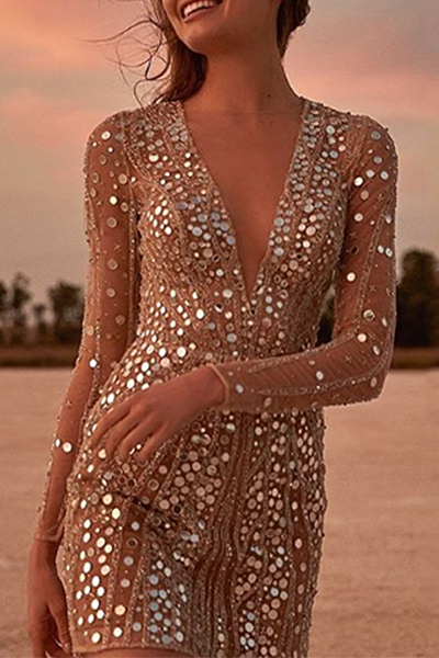 Patchwork Sequins See-through Mesh V Neck Pencil Skirt Dresses