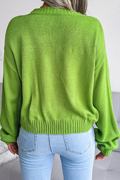 Patchwork Buckle Contrast V Neck Tops Sweater