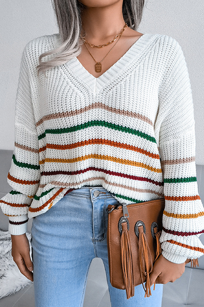 Striped Split Joint V Neck Tops Sweater