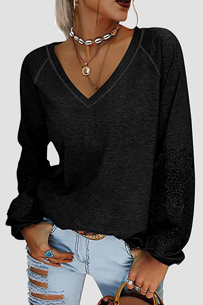 Lace Patchwork V Neck T-shirts(6 Colors)
