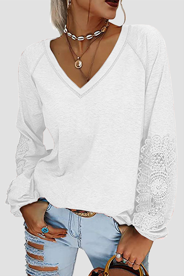 Lace Patchwork V Neck T-shirts(6 Colors)