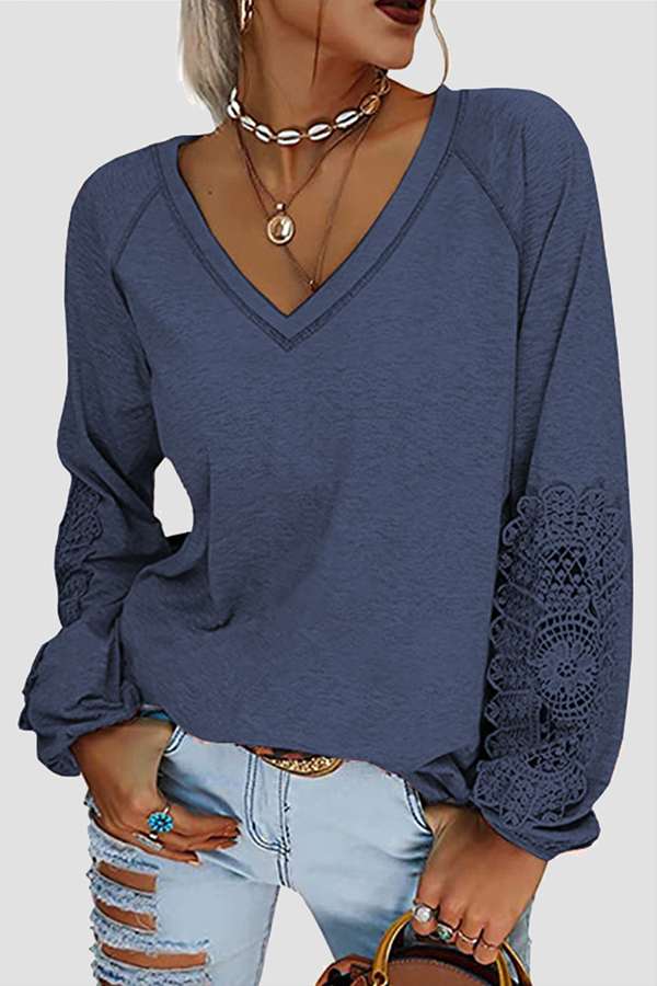 Lace Patchwork V Neck T-shirts(6 Colors)