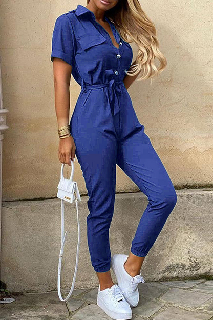 Buckle With Belt Turndown Collar Jumpsuits(12 Colors)