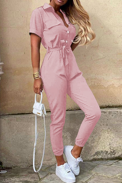 Buckle With Belt Turndown Collar Jumpsuits(12 Colors)