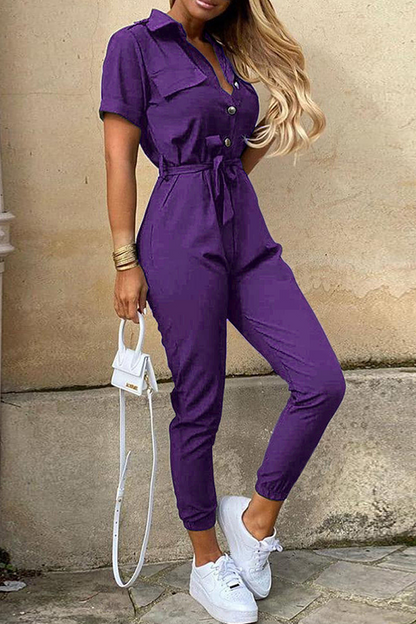 Buckle With Belt Turndown Collar Jumpsuits(12 Colors)