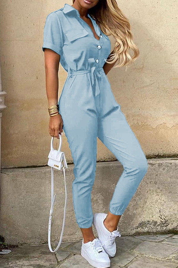 Buckle With Belt Turndown Collar Jumpsuits(12 Colors)