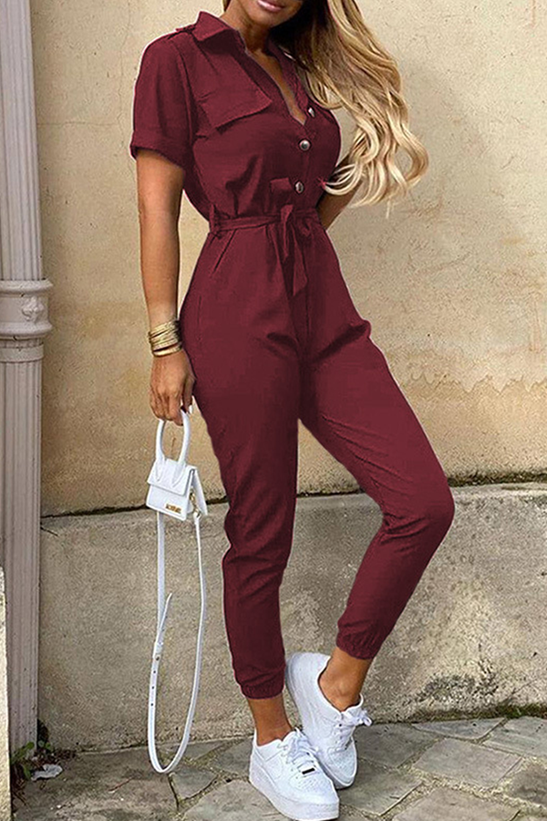 Buckle With Belt Turndown Collar Jumpsuits(12 Colors)