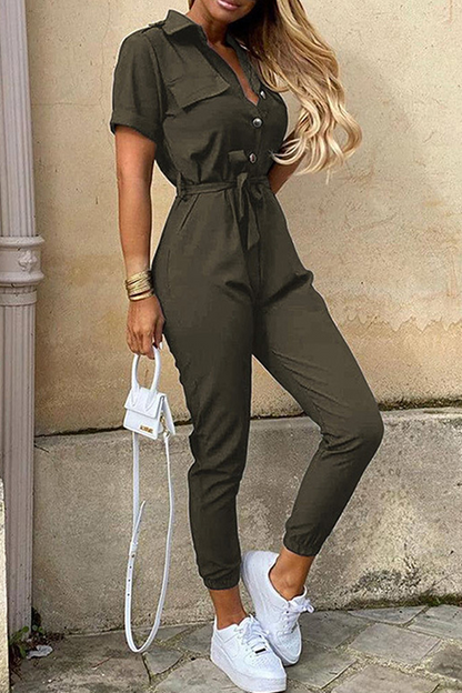 Buckle With Belt Turndown Collar Jumpsuits(12 Colors)
