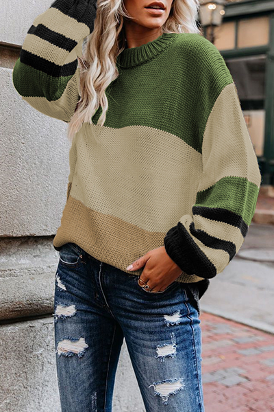 Striped Split Joint Contrast O Neck Tops Sweater