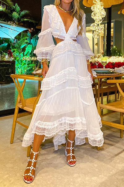 Lace Hollowed Out Flounce Mesh V Neck Waist Skirt Dresses