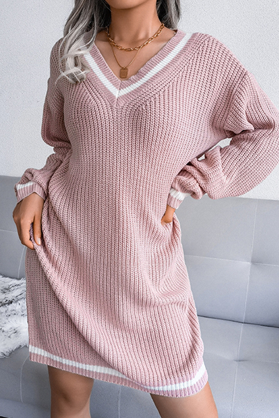Striped Split Joint Contrast V Neck a Line Dresses Sweater (without Belt)