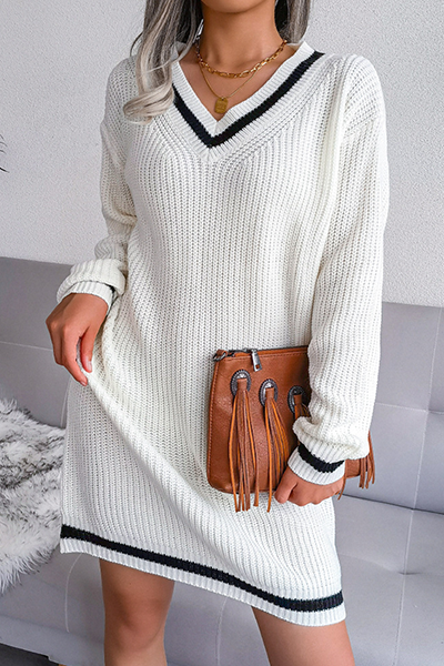 Striped Split Joint Contrast V Neck a Line Dresses Sweater (without Belt)
