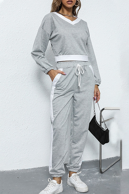 Patchwork Draw String Contrast V Neck Long Sleeve Two Pieces