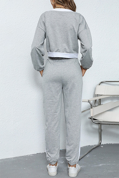Patchwork Draw String Contrast V Neck Long Sleeve Two Pieces