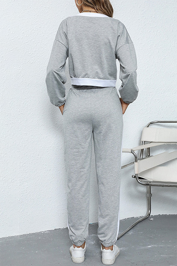 Patchwork Draw String Contrast V Neck Long Sleeve Two Pieces