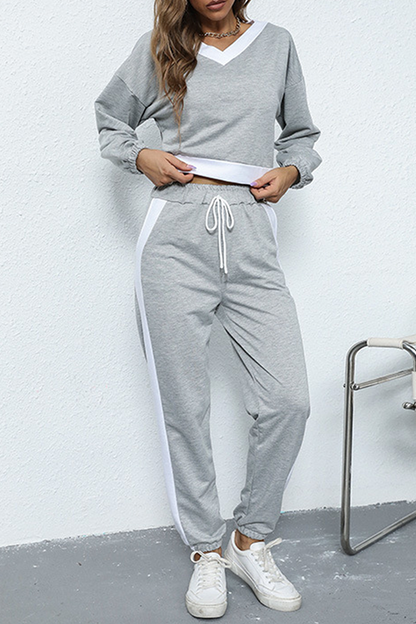 Patchwork Draw String Contrast V Neck Long Sleeve Two Pieces