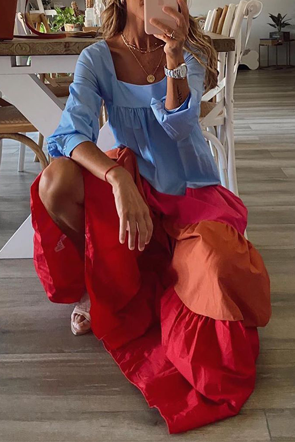 Patchwork Flounce Contrast Square Collar Cake Skirt Dresses