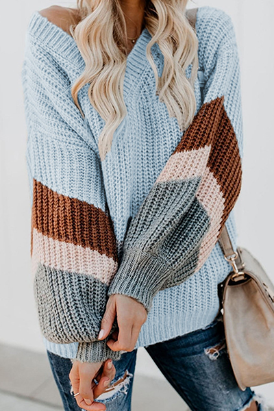 Striped Split Joint Contrast V Neck Tops Sweater