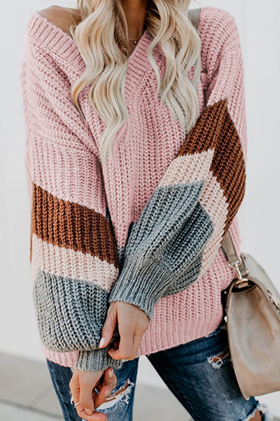 Striped Split Joint Contrast V Neck Tops Sweater