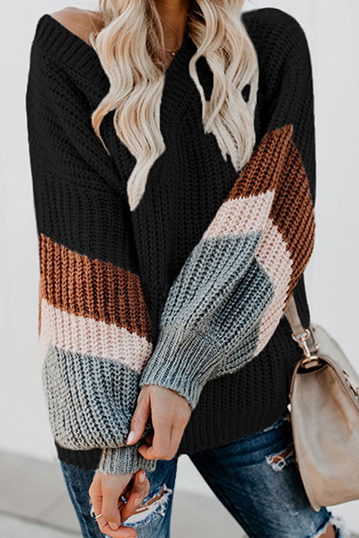 Striped Split Joint Contrast V Neck Tops Sweater