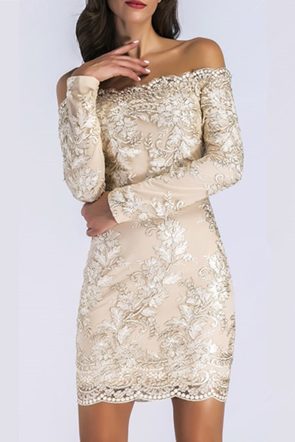 Patchwork Lace Embroidered Off the Shoulder Pencil Skirt Dresses