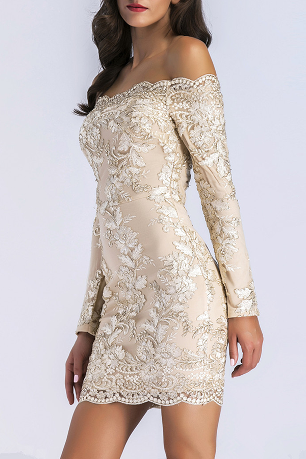 Patchwork Lace Embroidered Off the Shoulder Pencil Skirt Dresses