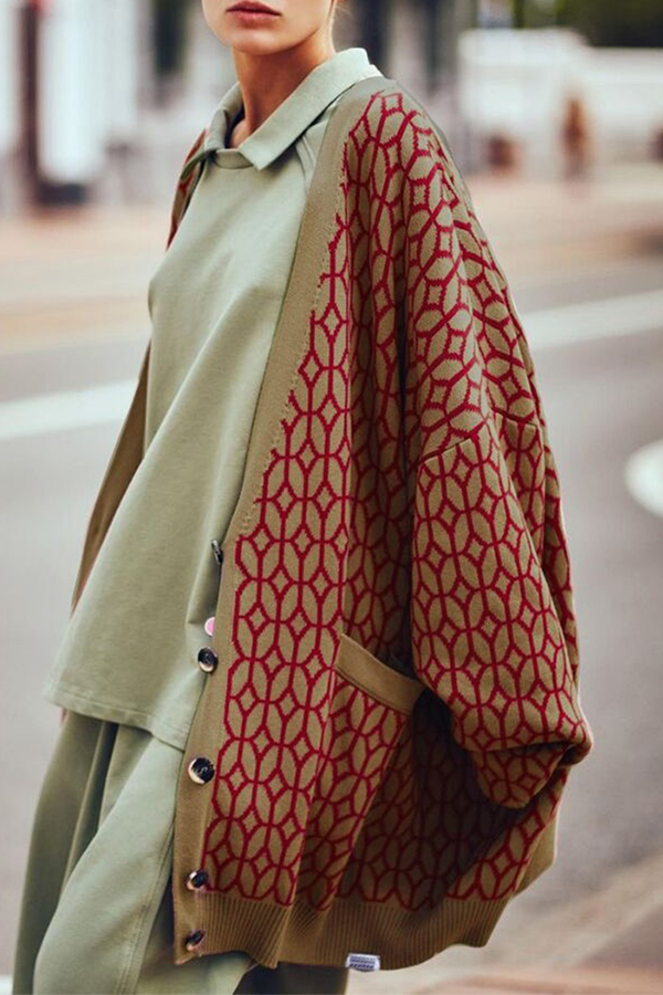 Geometric Patchwork Buckle V Neck Outerwear Mock Pocket Sweater