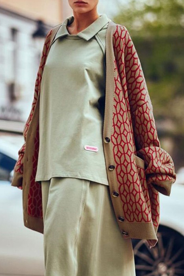 Geometric Patchwork Buckle V Neck Outerwear Mock Pocket Sweater