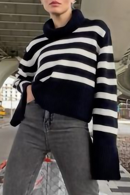 Striped Slit Contrast Turtleneck Tops Sweater