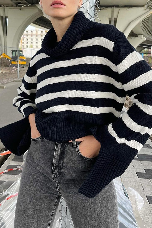 Striped Slit Contrast Turtleneck Tops Sweater