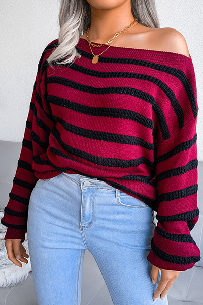 Striped Patchwork Contrast Off the Shoulder Sweaters(3 Colors)