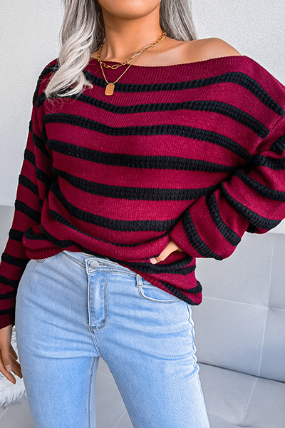 Striped Patchwork Contrast Off the Shoulder Sweaters(3 Colors)