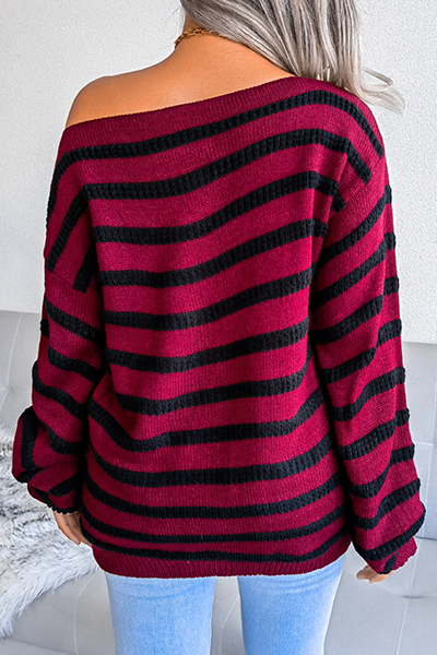 Striped Patchwork Contrast Off the Shoulder Sweaters(3 Colors)