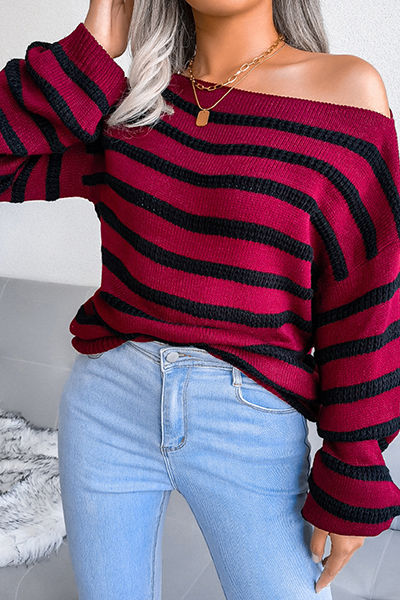 Striped Patchwork Contrast Off the Shoulder Sweaters(3 Colors)