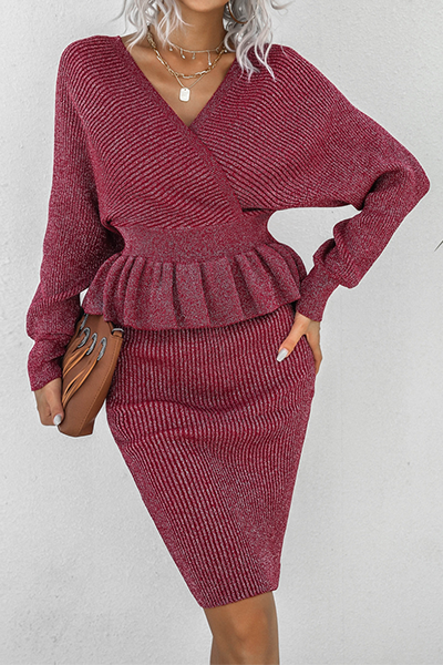 Split Joint Flounce V Neck Long Sleeve Two Pieces