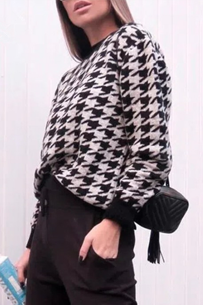 Street Geometric Patchwork Contrast O Neck Tops Sweater
