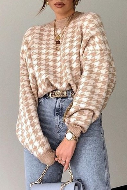 Street Geometric Patchwork Contrast O Neck Tops Sweater