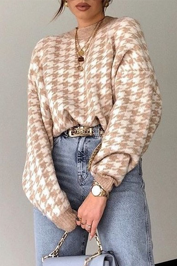 Street Geometric Patchwork Contrast O Neck Tops Sweater