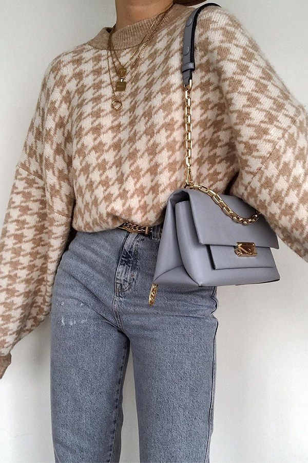 Street Geometric Patchwork Contrast O Neck Tops Sweater