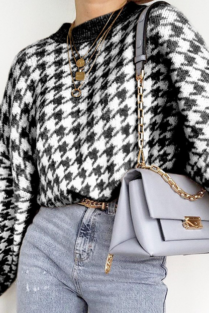 Street Geometric Patchwork Contrast O Neck Sweater(3 Colors)