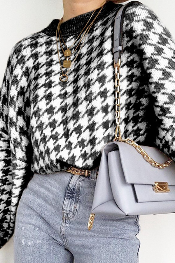 Street Geometric Patchwork Contrast O Neck Tops Sweater