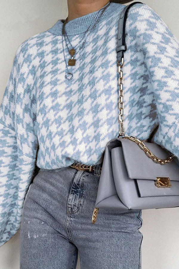 Street Geometric Patchwork Contrast O Neck Tops Sweater