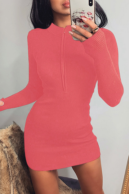Street Patchwork Zipper Collar Pencil Skirt Dresses(10 Colors)