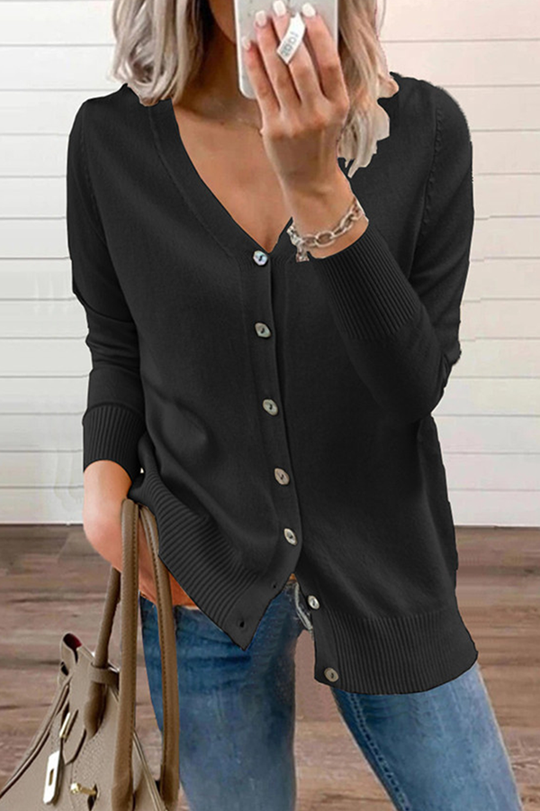 Patchwork Buckle V Neck Tops Sweater(12 Colors)