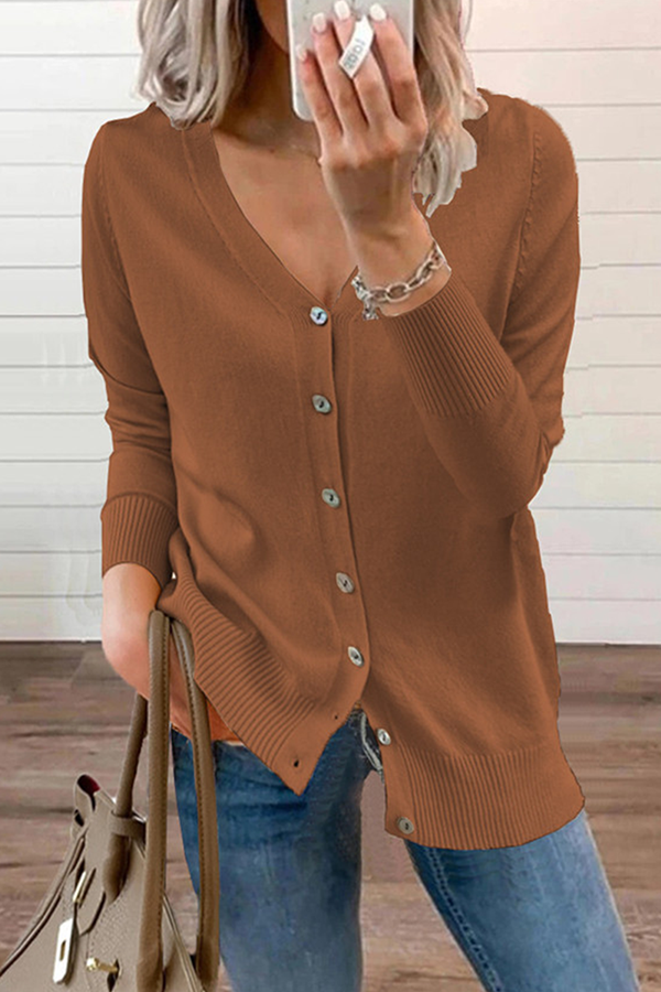 Patchwork Buckle V Neck Tops Sweater(12 Colors)