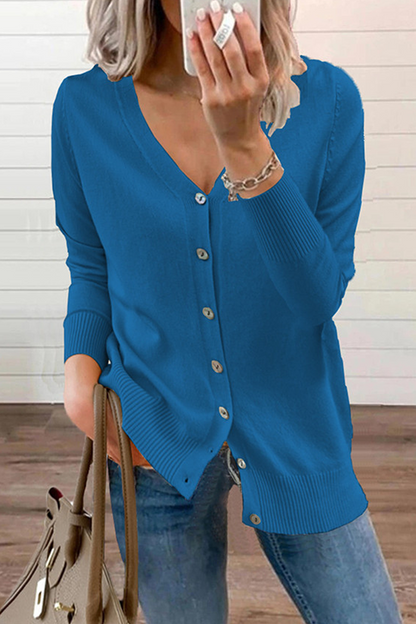Patchwork Buckle V Neck Tops Sweater(12 Colors)