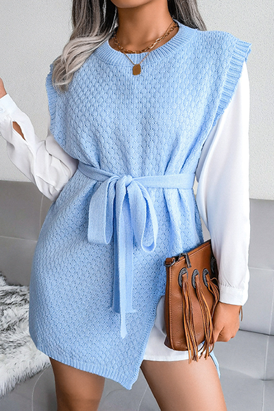 Slit With Belt O Neck Tops Sweater